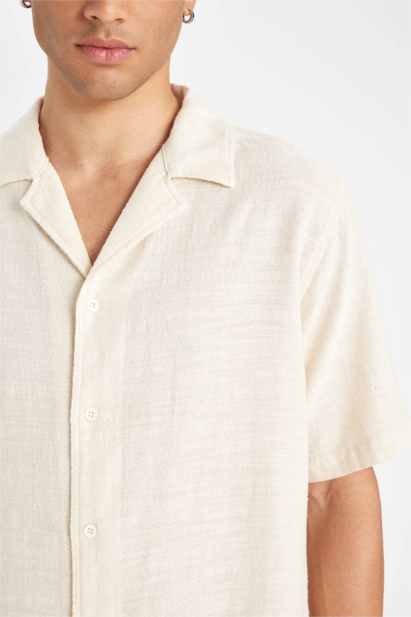 Man Sand Regular Fit Apache Collar Cotton Short Sleeve Shirt