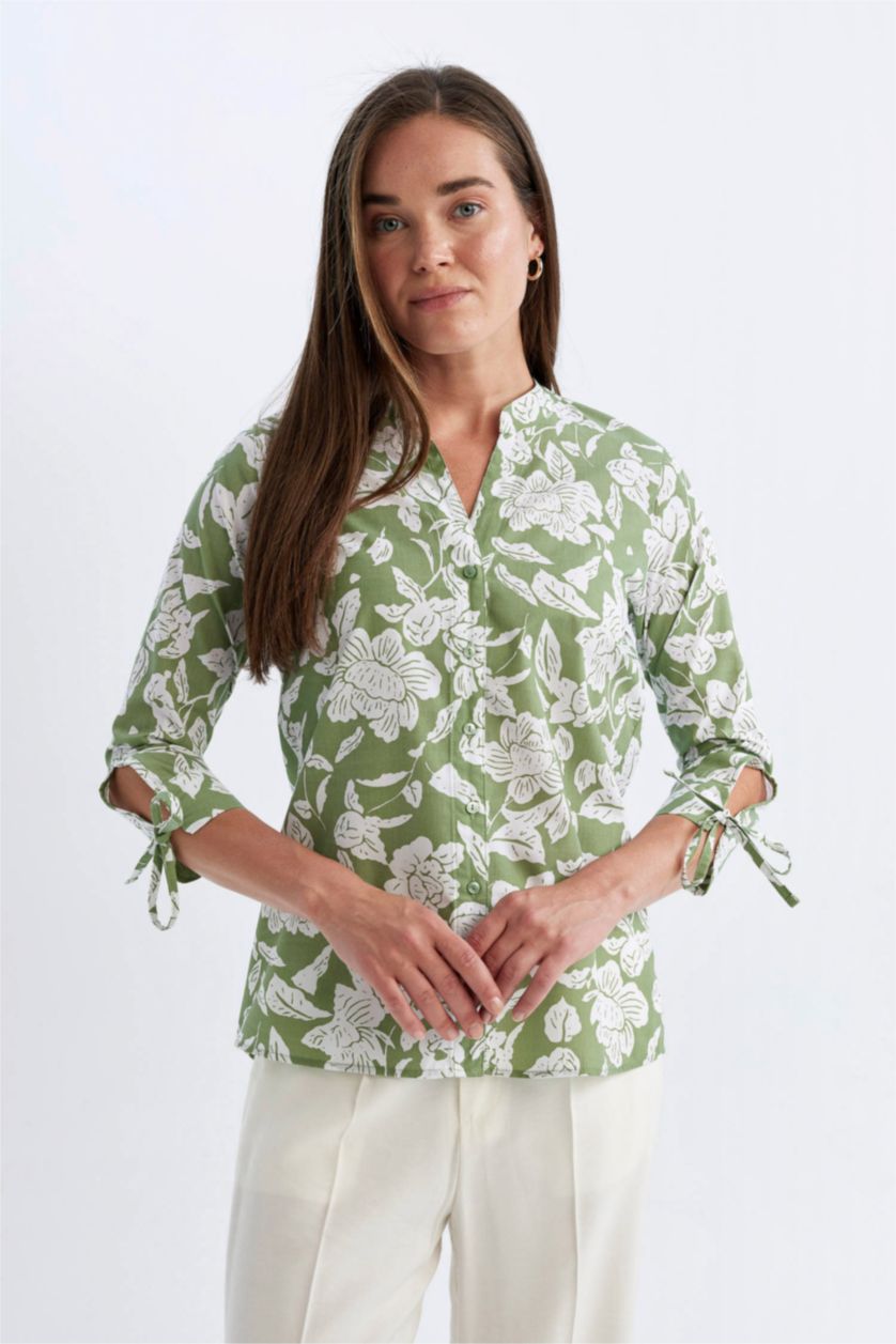 نساء أخضر قميص قطن نص كم قصة عادية وياقة جاكيت