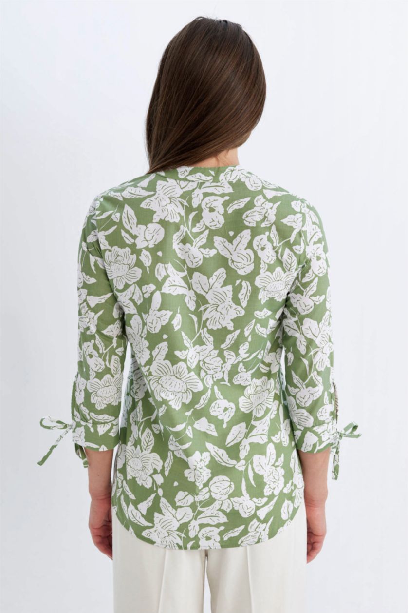 نساء أخضر قميص قطن نص كم قصة عادية وياقة جاكيت