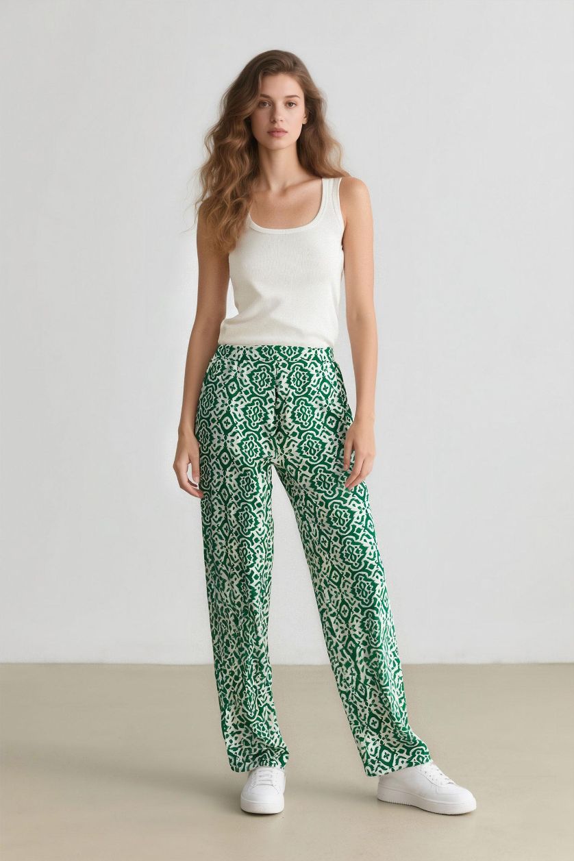 Woman Green Regular Fit Wide Leg Patterned Trousers