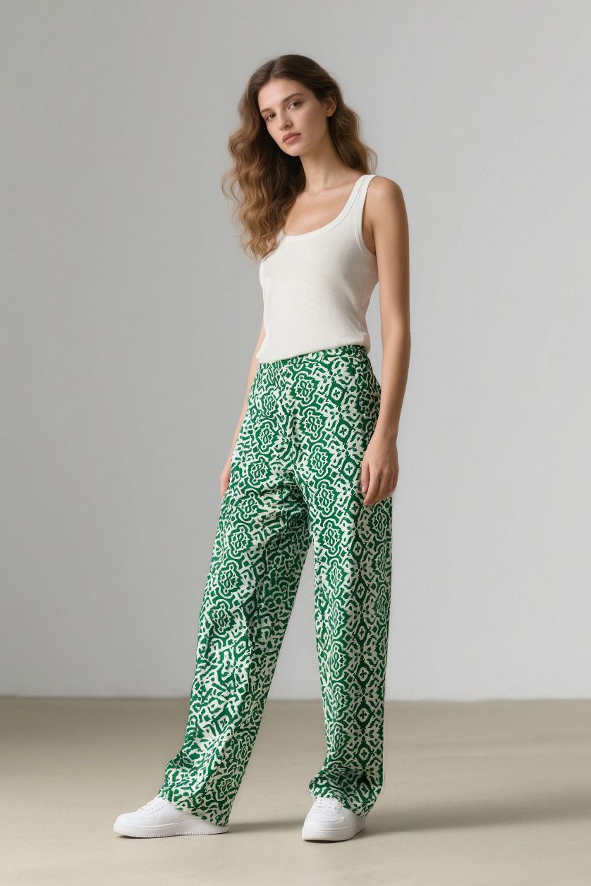 Woman Green Regular Fit Wide Leg Patterned Trousers