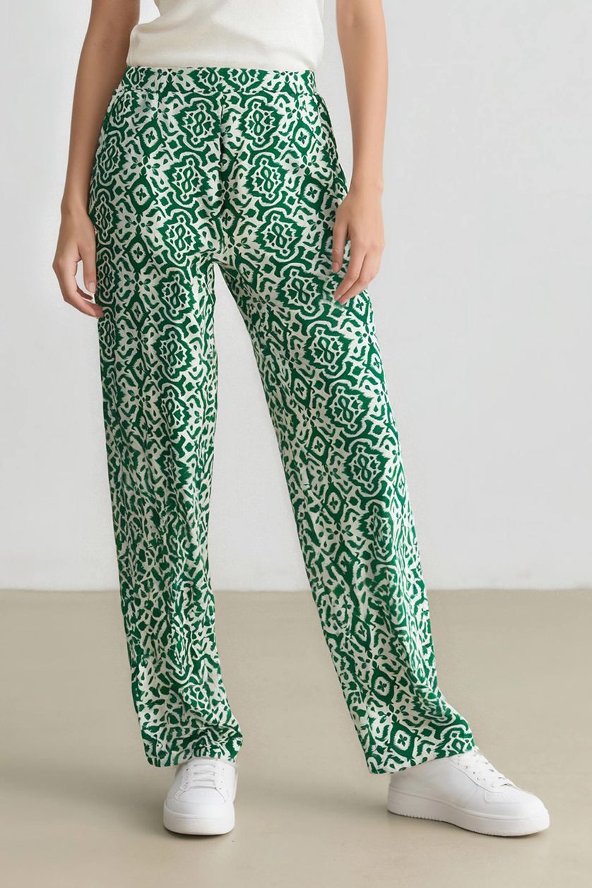 Woman Green Regular Fit Wide Leg Patterned Trousers