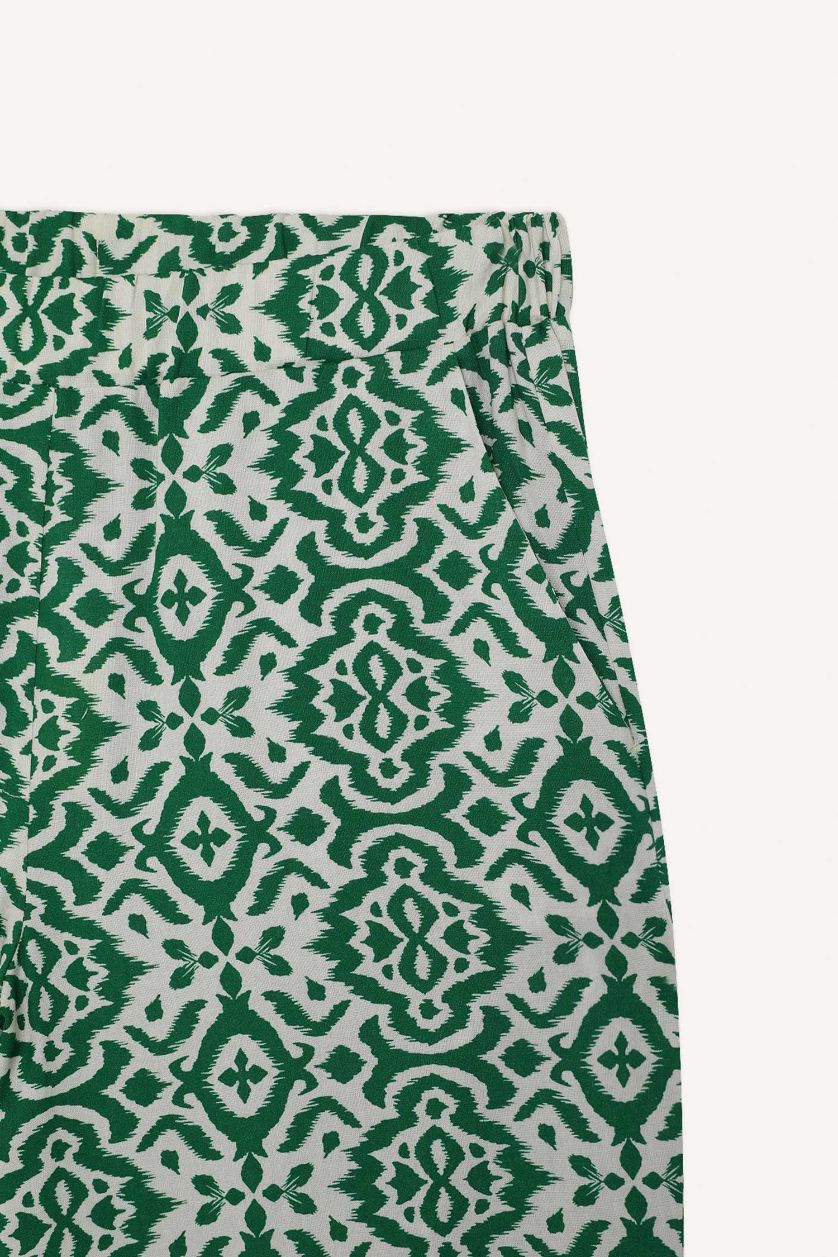 Woman Green Regular Fit Wide Leg Patterned Trousers