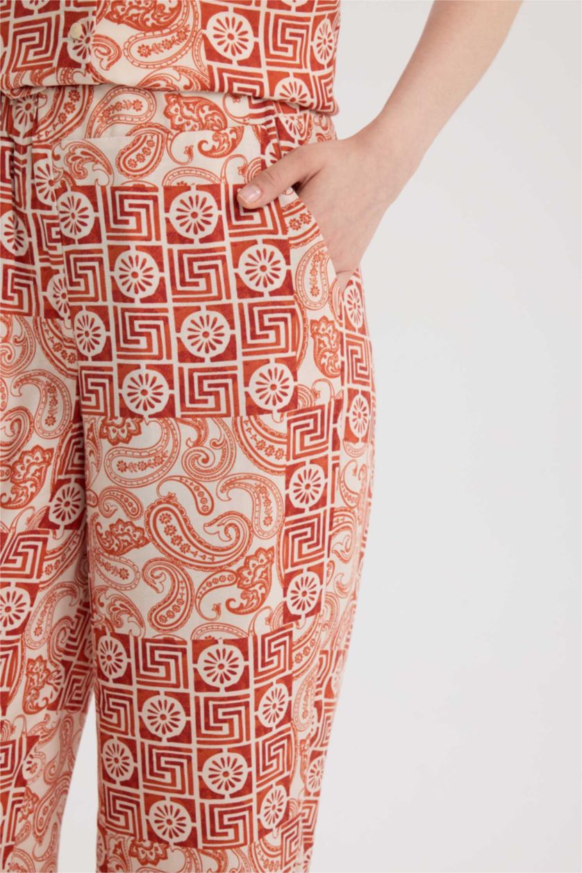 Kadın Turuncu Regular Fit Geniş Bol Paça Desenli Pantolon