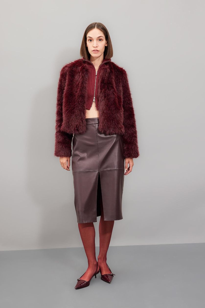 FEMME Bordeaux Jupe crayon en simili cuir bordeaux à taille haute avec doublure en Jersey