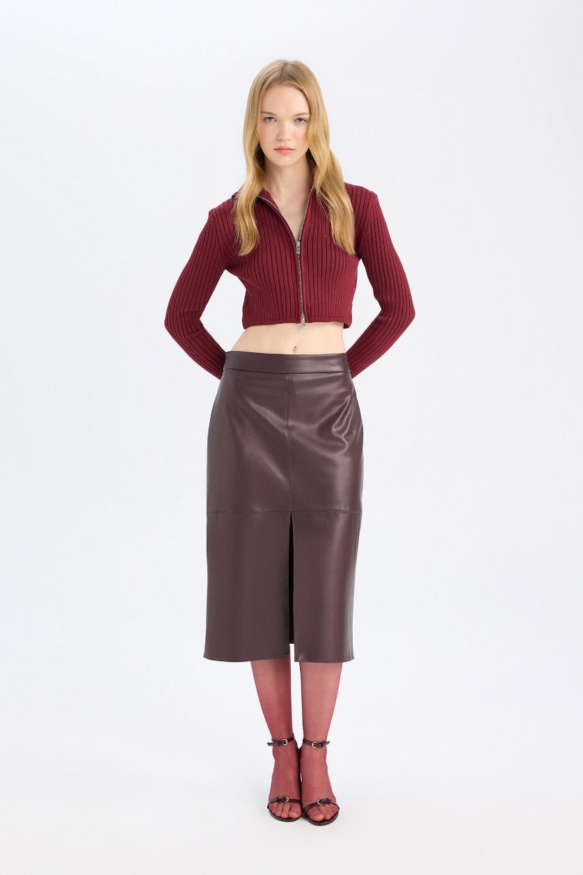 FEMME Bordeaux Jupe crayon en simili cuir bordeaux à taille haute avec doublure en Jersey