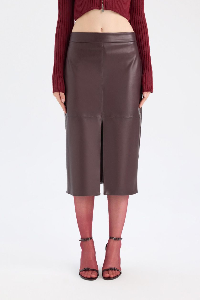 FEMME Bordeaux Jupe crayon en simili cuir bordeaux à taille haute avec doublure en Jersey