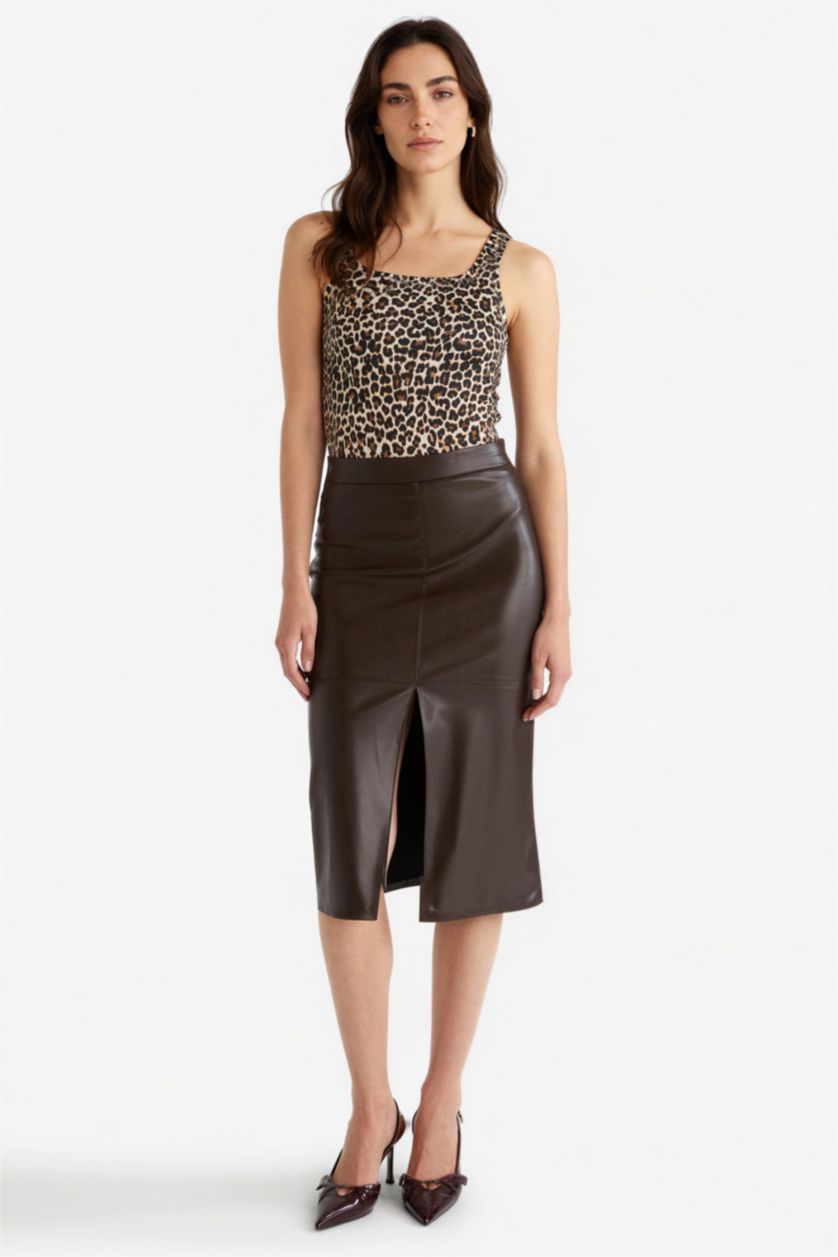 Woman Brown Pencil High Waist Cotton Lined Faux Leather Midi Skirt