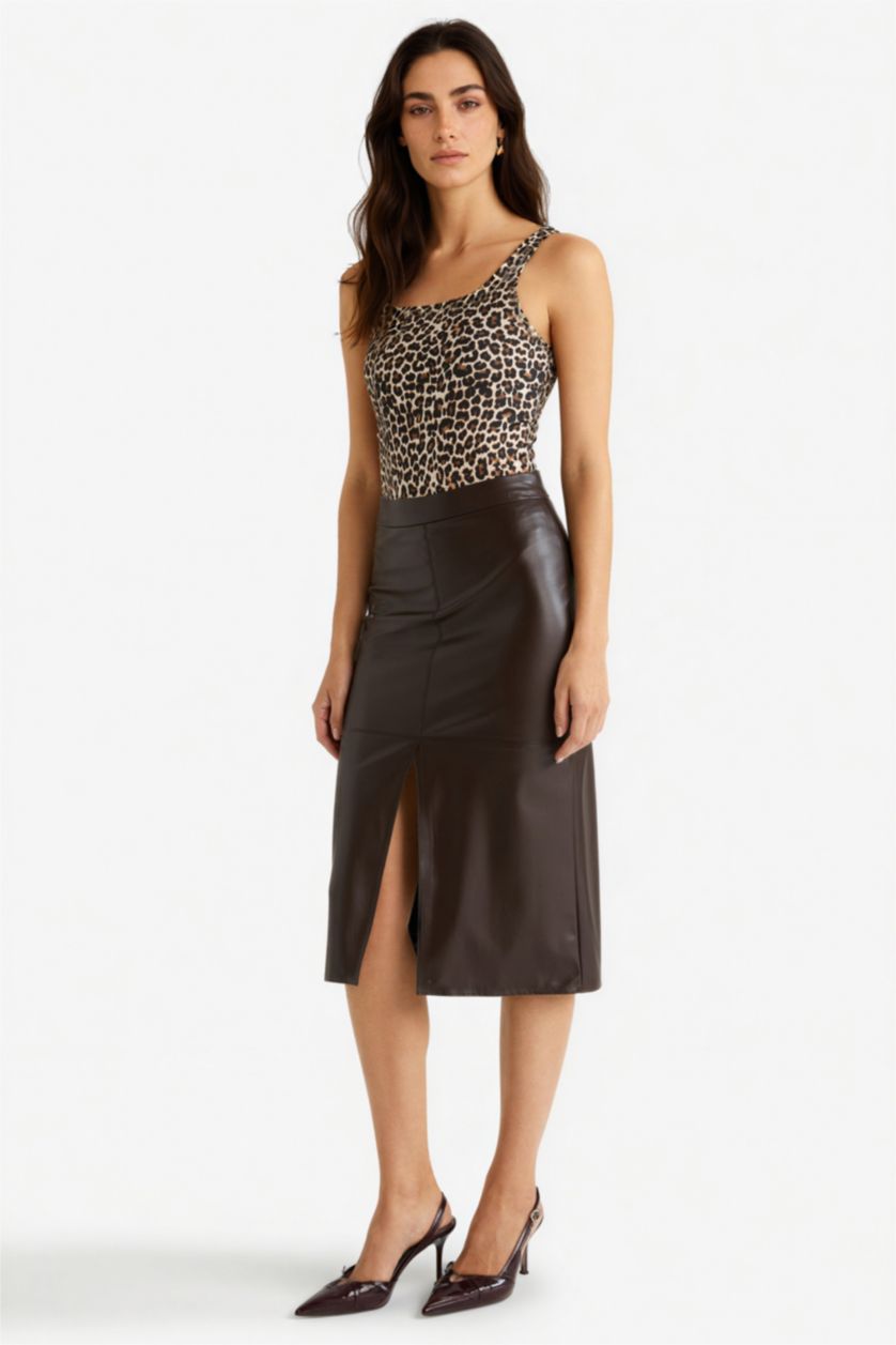 Woman Brown Pencil High Waist Cotton Lined Faux Leather Midi Skirt