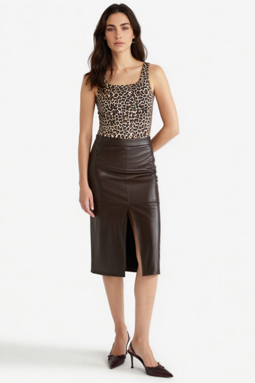 Woman Brown Pencil High Waist Cotton Lined Faux Leather Midi Skirt