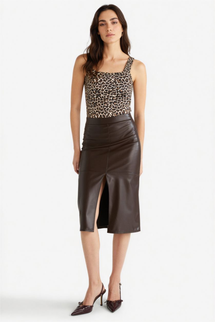 Woman Brown Pencil High Waist Cotton Lined Faux Leather Midi Skirt