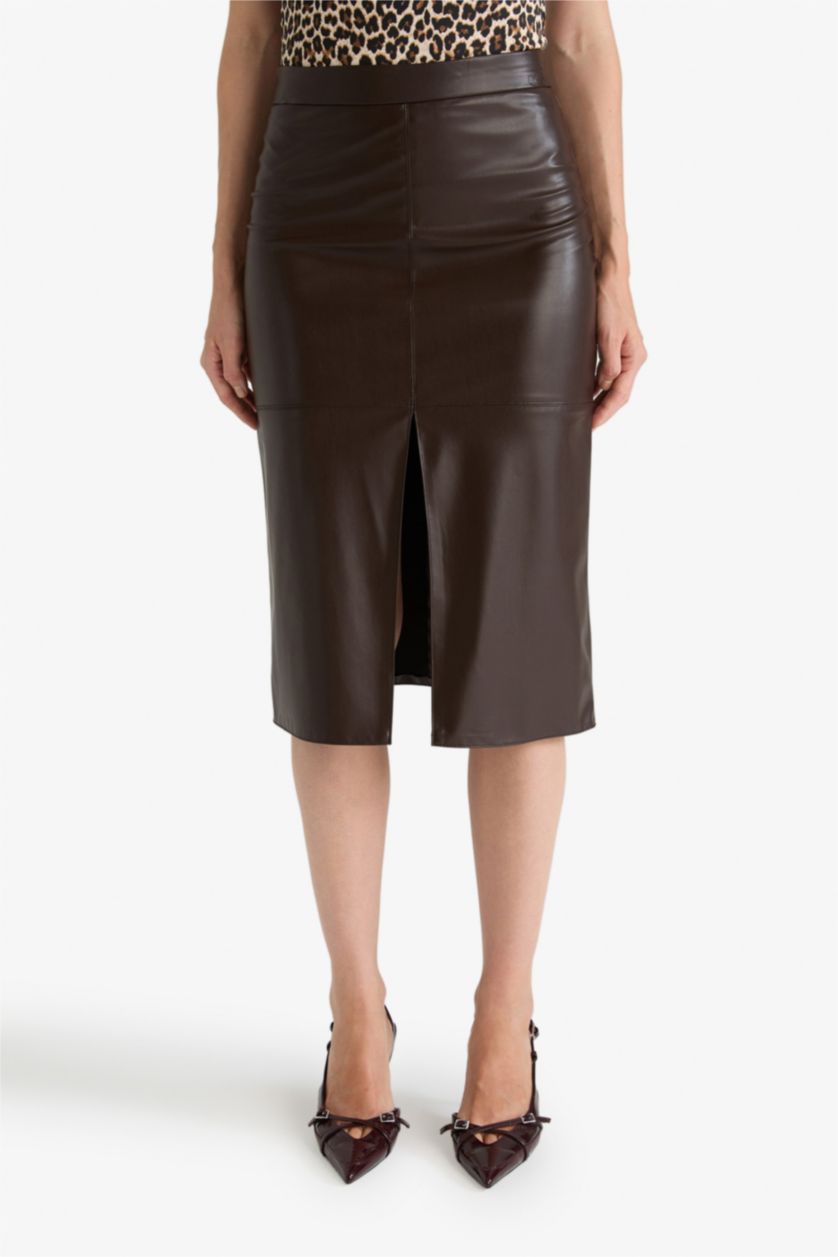 Woman Brown Pencil High Waist Cotton Lined Faux Leather Midi Skirt