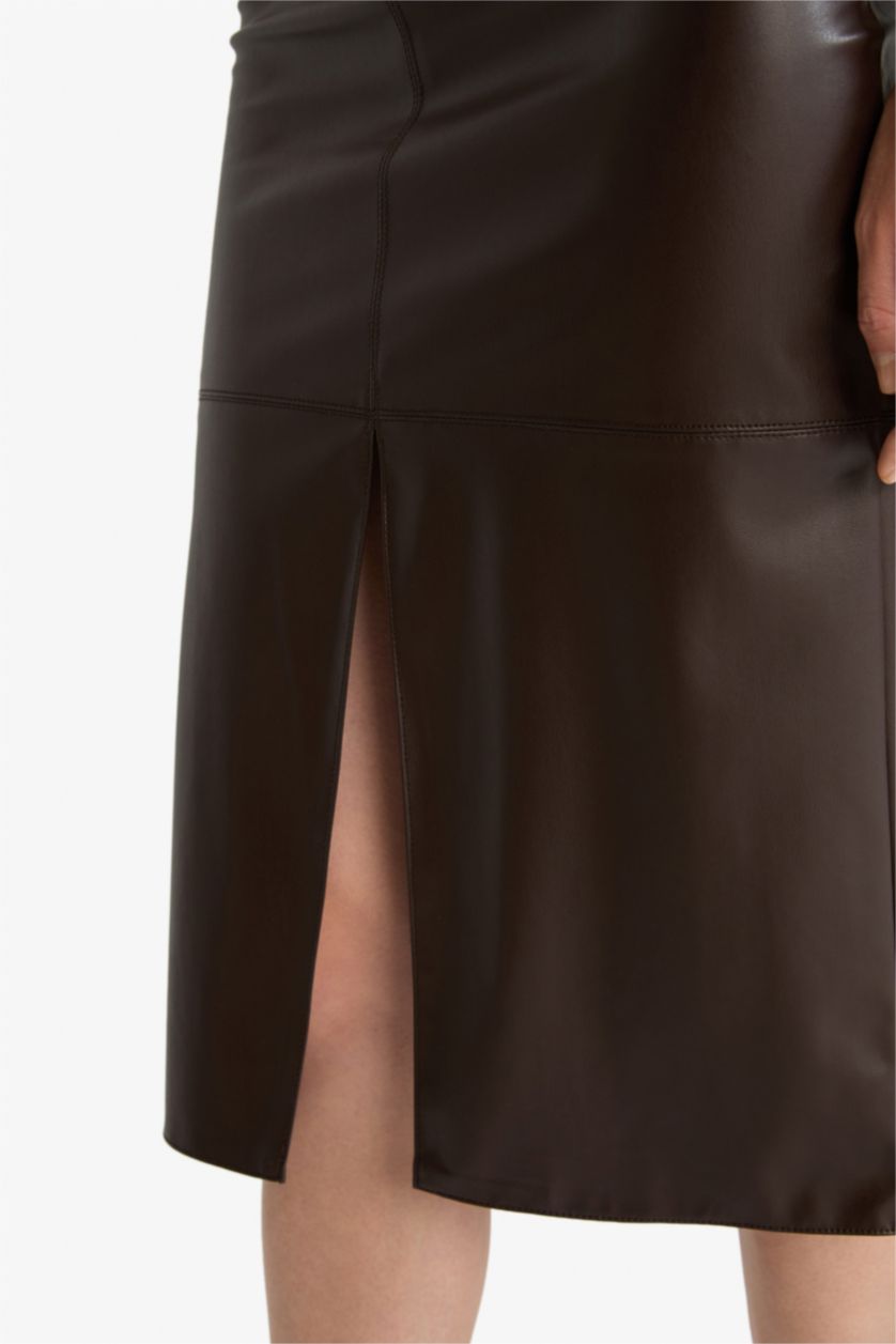 Woman Brown Pencil High Waist Cotton Lined Faux Leather Midi Skirt