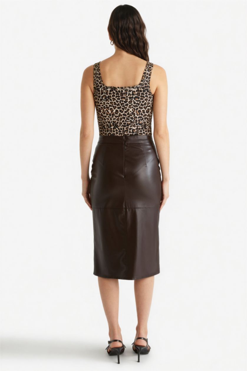 Woman Brown Pencil High Waist Cotton Lined Faux Leather Midi Skirt