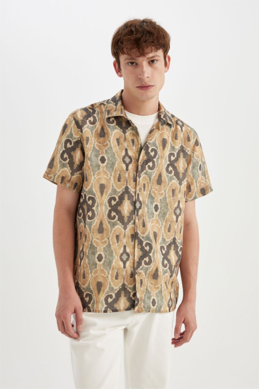 رجال كاكي فاتح Regular Fit Patterned Short Sleeve Shirt