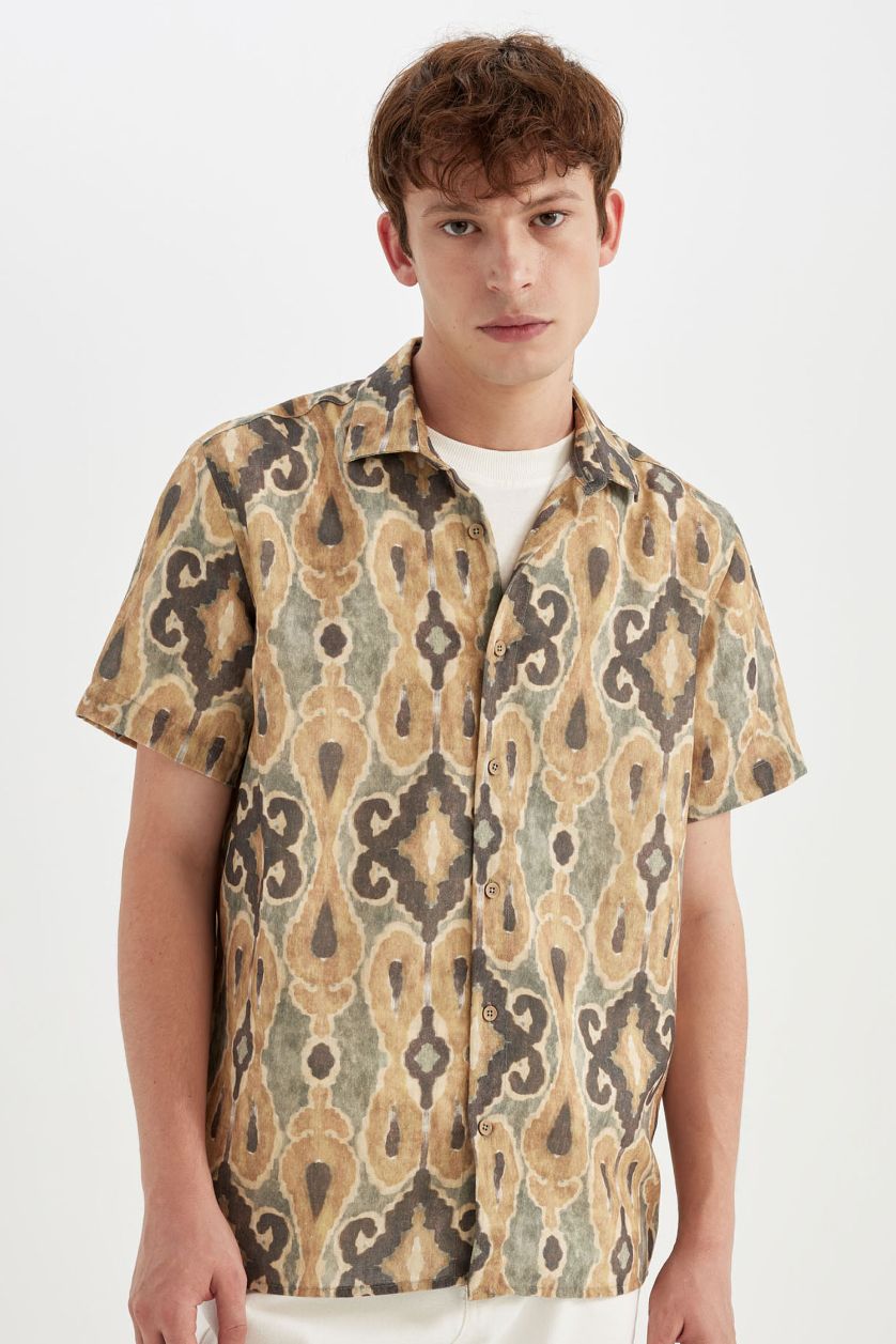 MAN Light Khaki Regular Fit Patterned Short Sleeve Shirt