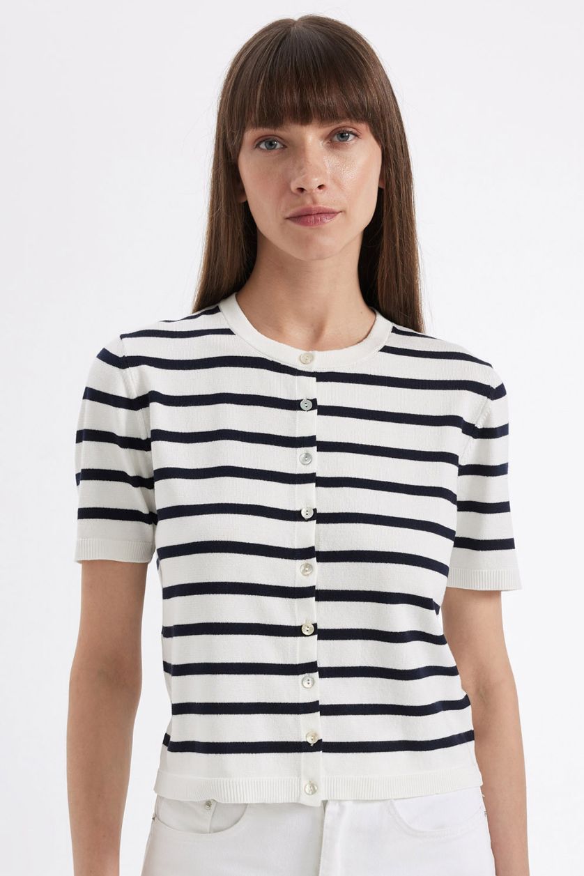 Woman Ecru Regular Fit Striped Knitwear Cardigan