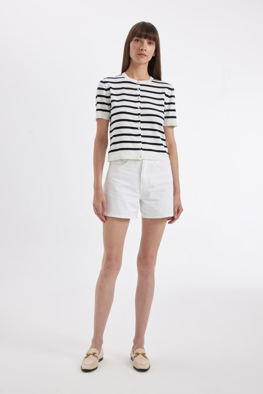 Woman Ecru Regular Fit Striped Knitwear Cardigan