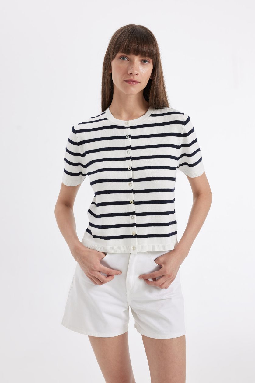 Woman Ecru Regular Fit Striped Knitwear Cardigan