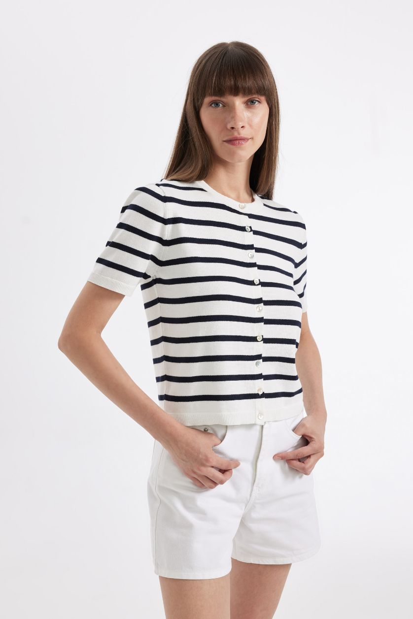 Woman Ecru Regular Fit Striped Knitwear Cardigan