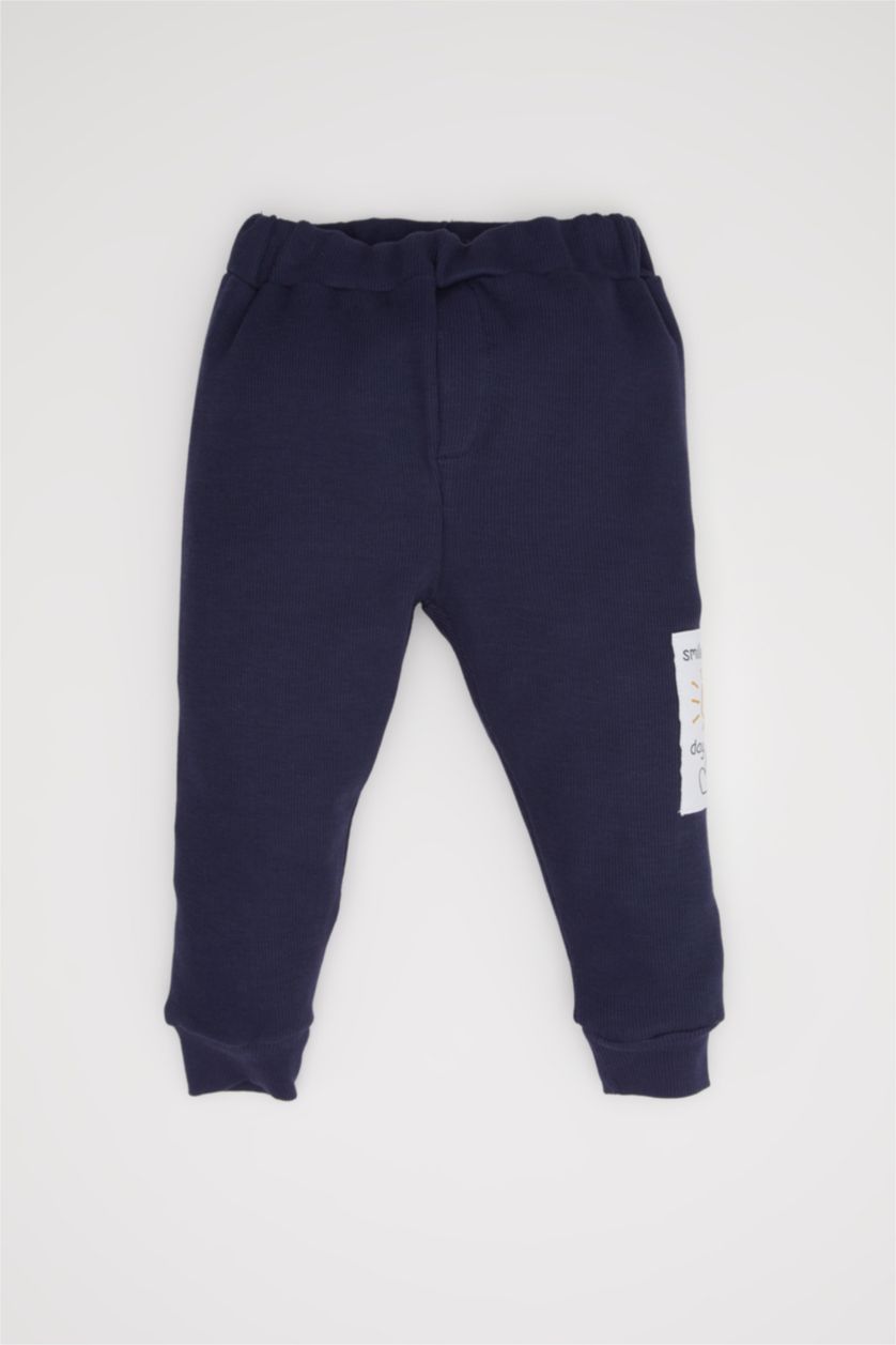 Erkek Bebek Lacivert 2'li Takım Etiket Baskılı Sweatshirt Selanik Kumaş Beli Lastikli Jogger Eşofman Altı Erkek Bebek