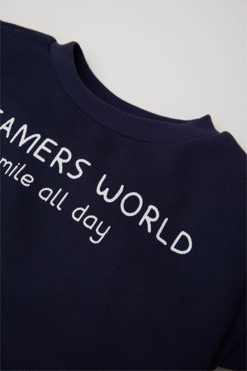 Erkek Bebek Lacivert 2'li Takım Etiket Baskılı Sweatshirt Selanik Kumaş Beli Lastikli Jogger Eşofman Altı Erkek Bebek