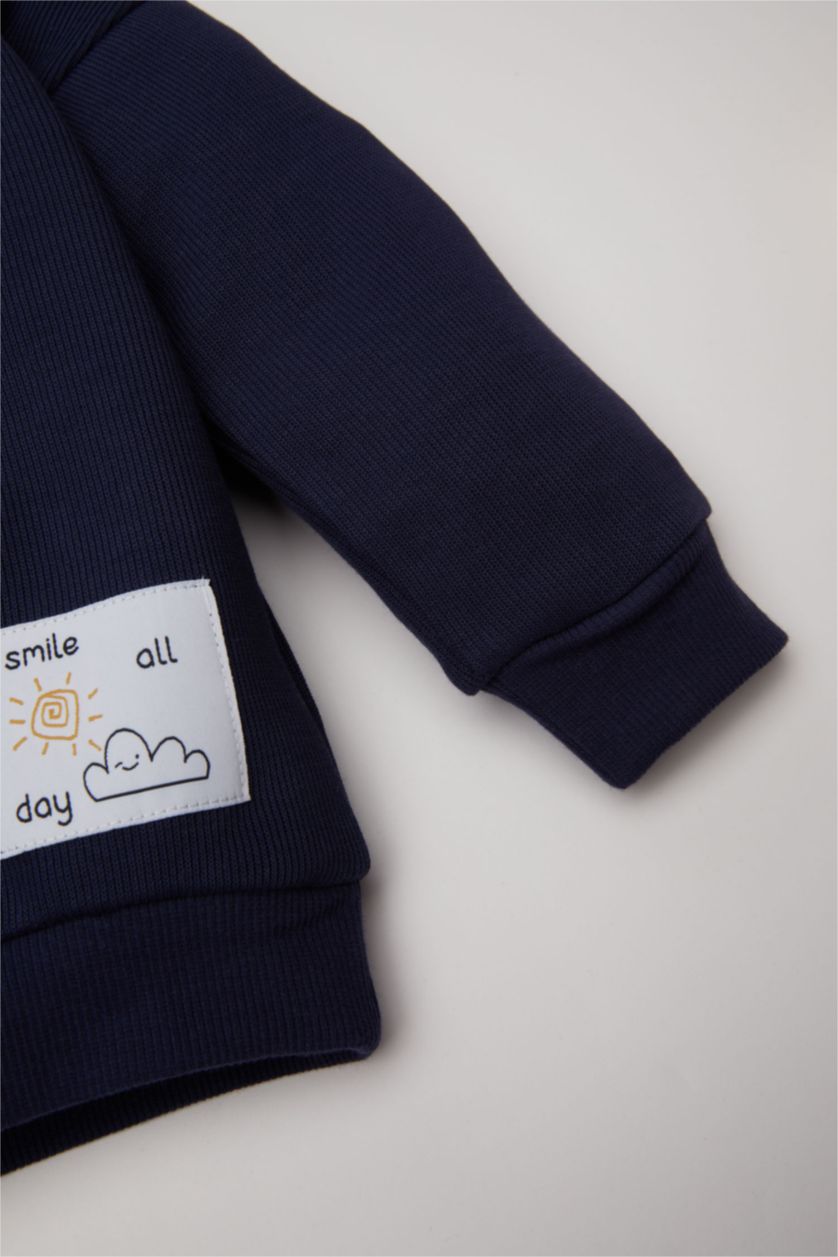 Erkek Bebek Lacivert 2'li Takım Etiket Baskılı Sweatshirt Selanik Kumaş Beli Lastikli Jogger Eşofman Altı Erkek Bebek