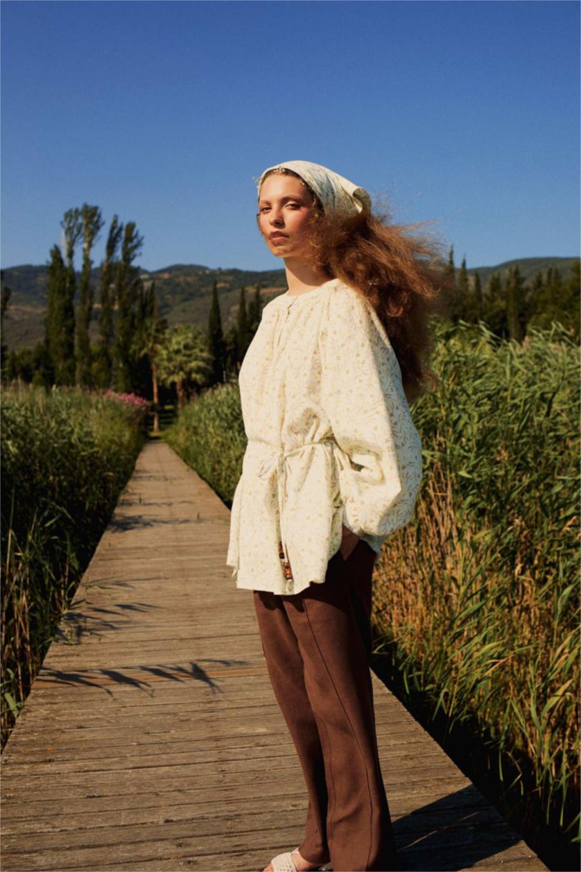 Kadın Ekru Manuka x DeFacto Desenli Müslin Uzun Kollu Tunik