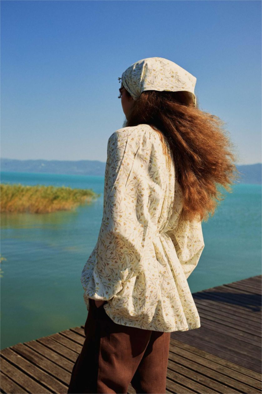 Kadın Ekru Manuka x DeFacto Desenli Müslin Uzun Kollu Tunik