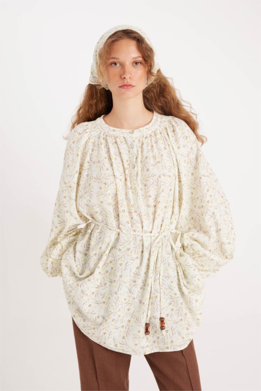 Kadın Ekru Manuka x DeFacto Desenli Müslin Uzun Kollu Tunik