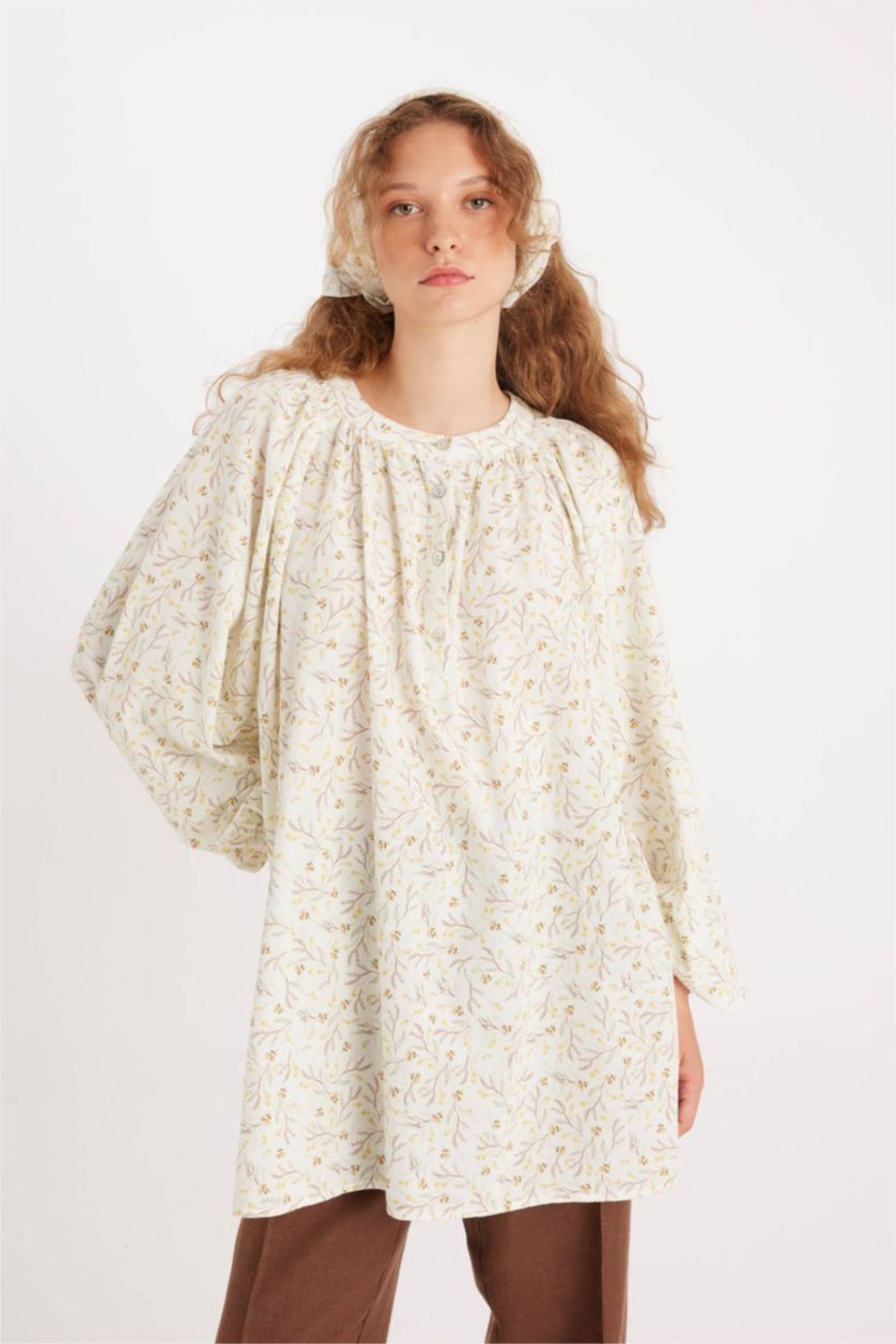 Kadın Ekru Manuka x DeFacto Desenli Müslin Uzun Kollu Tunik