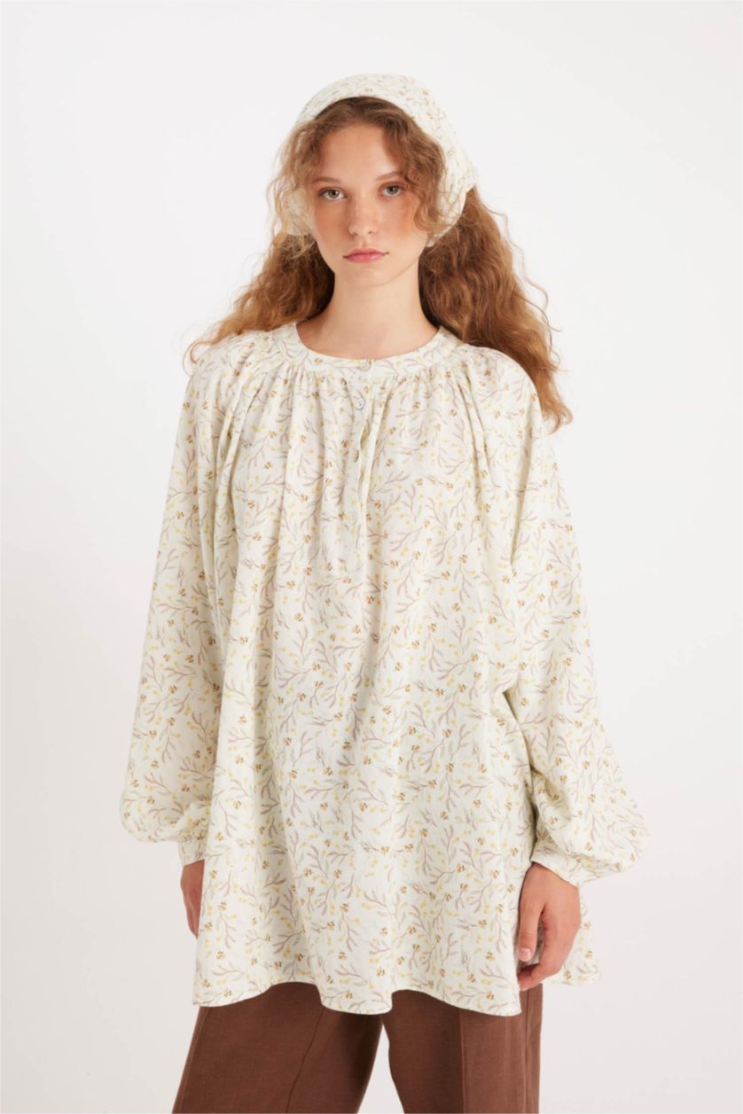 Kadın Ekru Manuka x DeFacto Desenli Müslin Uzun Kollu Tunik