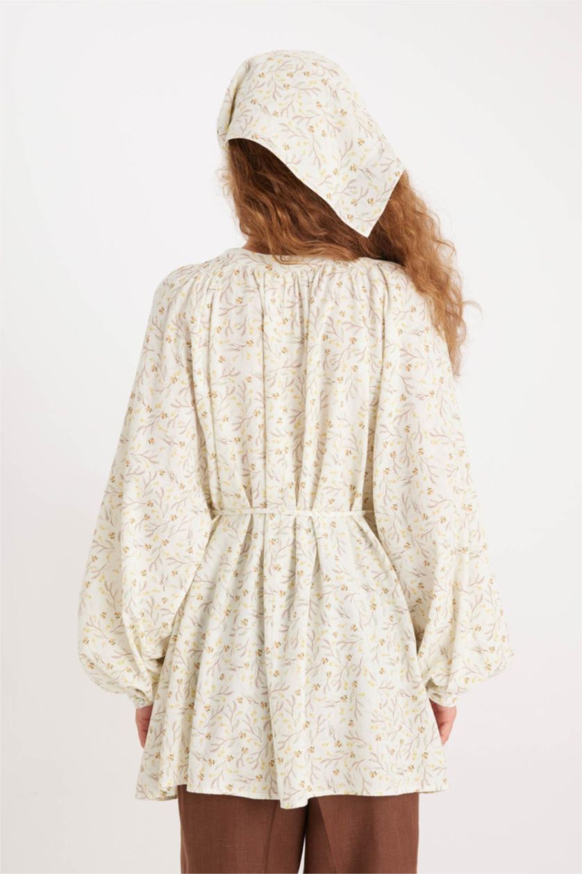 Kadın Ekru Manuka x DeFacto Desenli Müslin Uzun Kollu Tunik