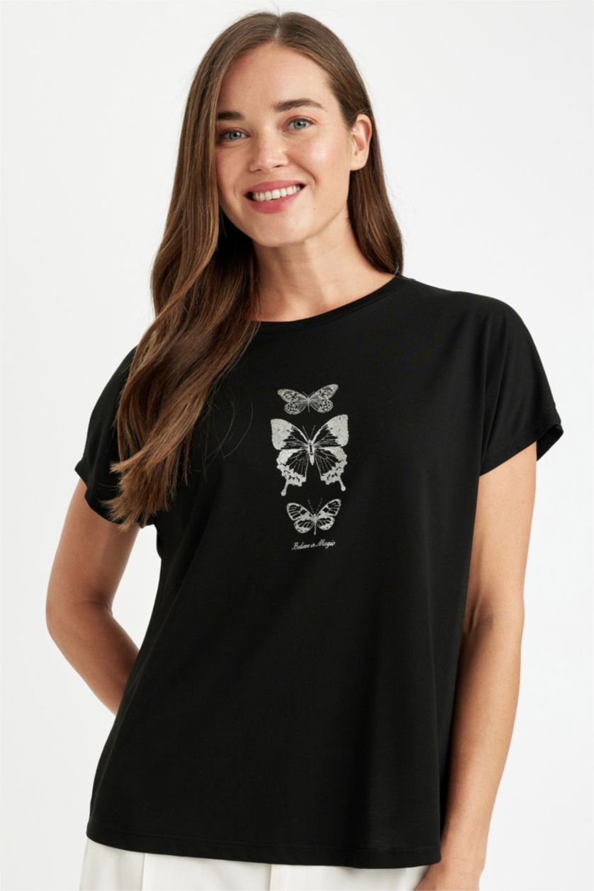 نساء أسود تيشيرت نص كم قطن قصة عادية مطبوع