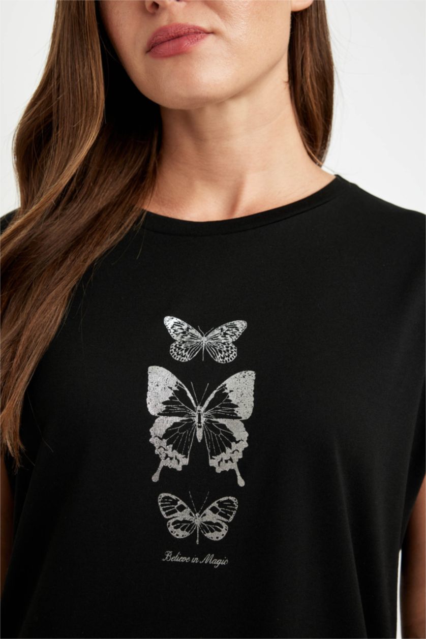 نساء أسود تيشيرت نص كم قطن قصة عادية مطبوع