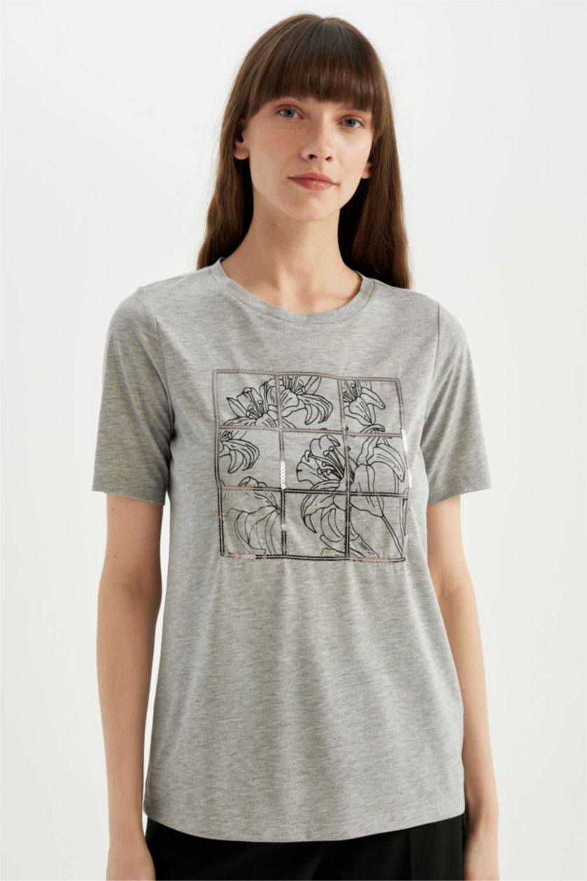 WOMAN Grey Melange Regular Fit Crew Neck Printed Short Sleeve T-Shirt