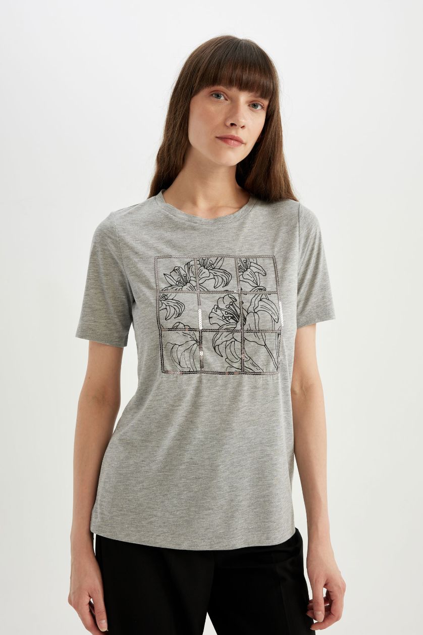 WOMAN Grey Melange Regular Fit Crew Neck Printed Short Sleeve T-Shirt