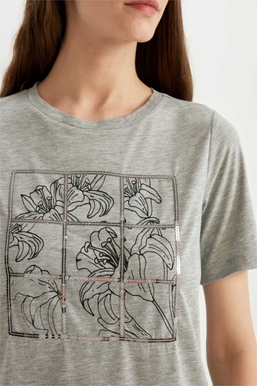 WOMAN Grey Melange Regular Fit Crew Neck Printed Short Sleeve T-Shirt