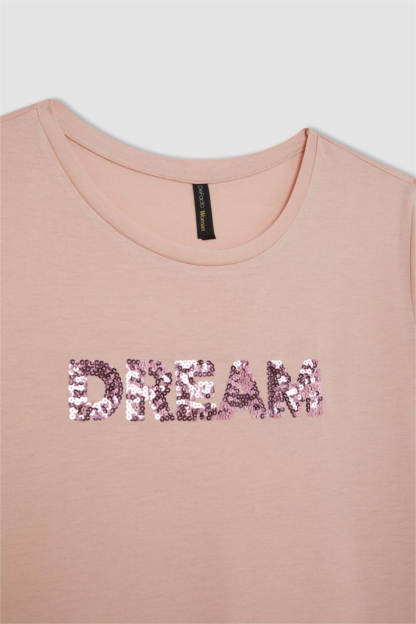 نساء وردي تيشيرت نص كم قصة عادية برقبة مستديرة