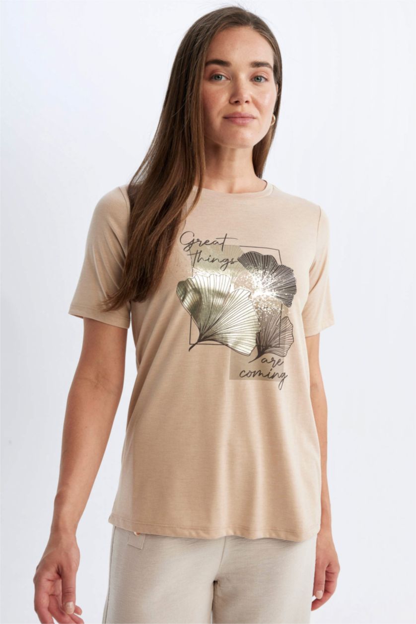 FEMME Beige Clair T-Shirt imprimé Coupe Régulière Col Ras Du Cou