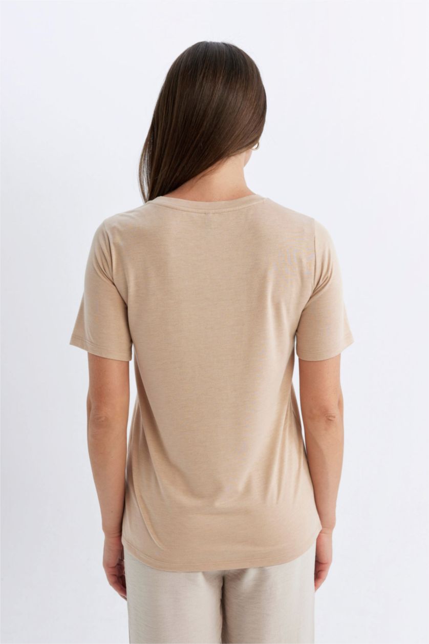 FEMME Beige Clair T-Shirt imprimé Coupe Régulière Col Ras Du Cou