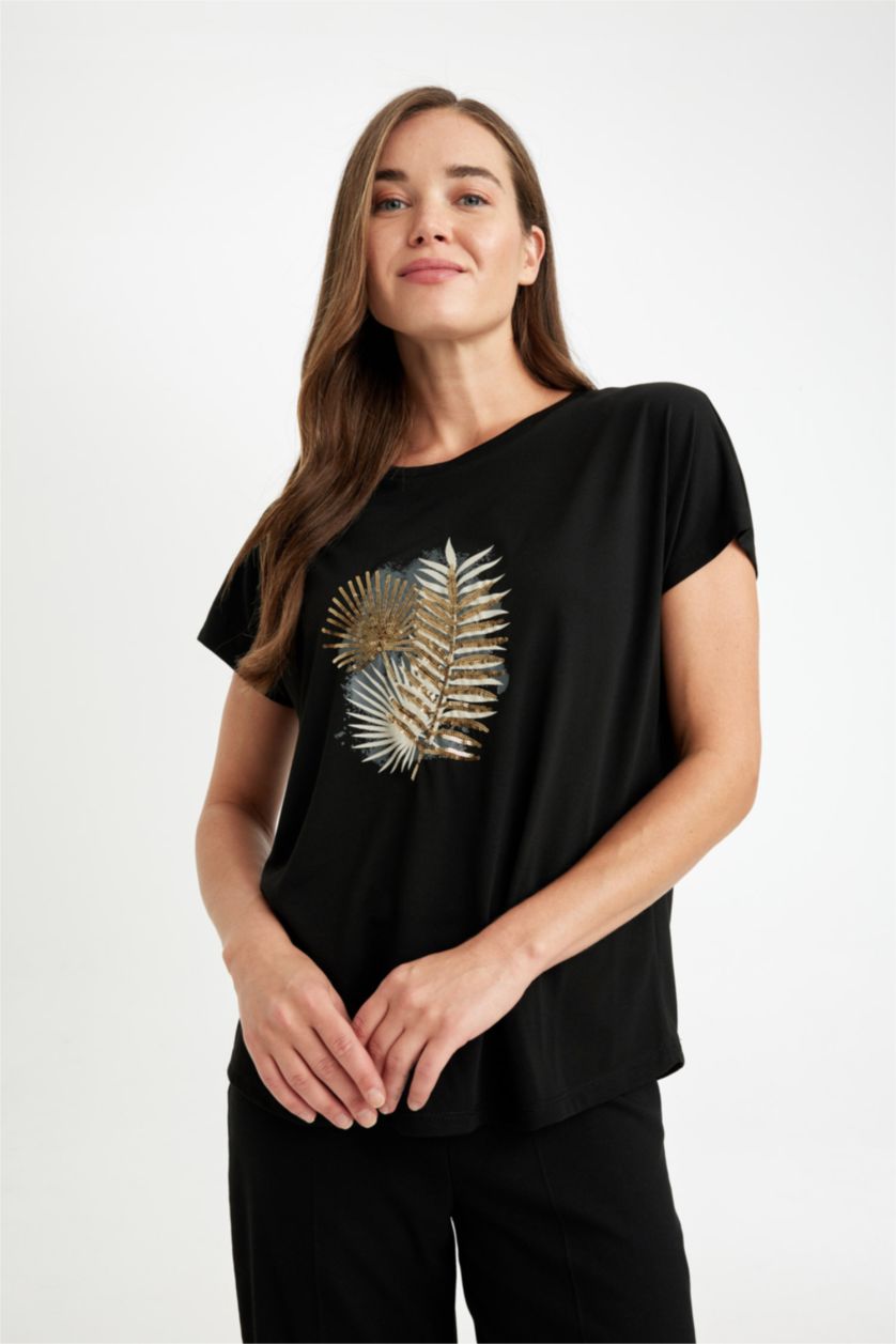 نساء أسود تيشيرت نص كم برقبة مستديرة وقصة عادية