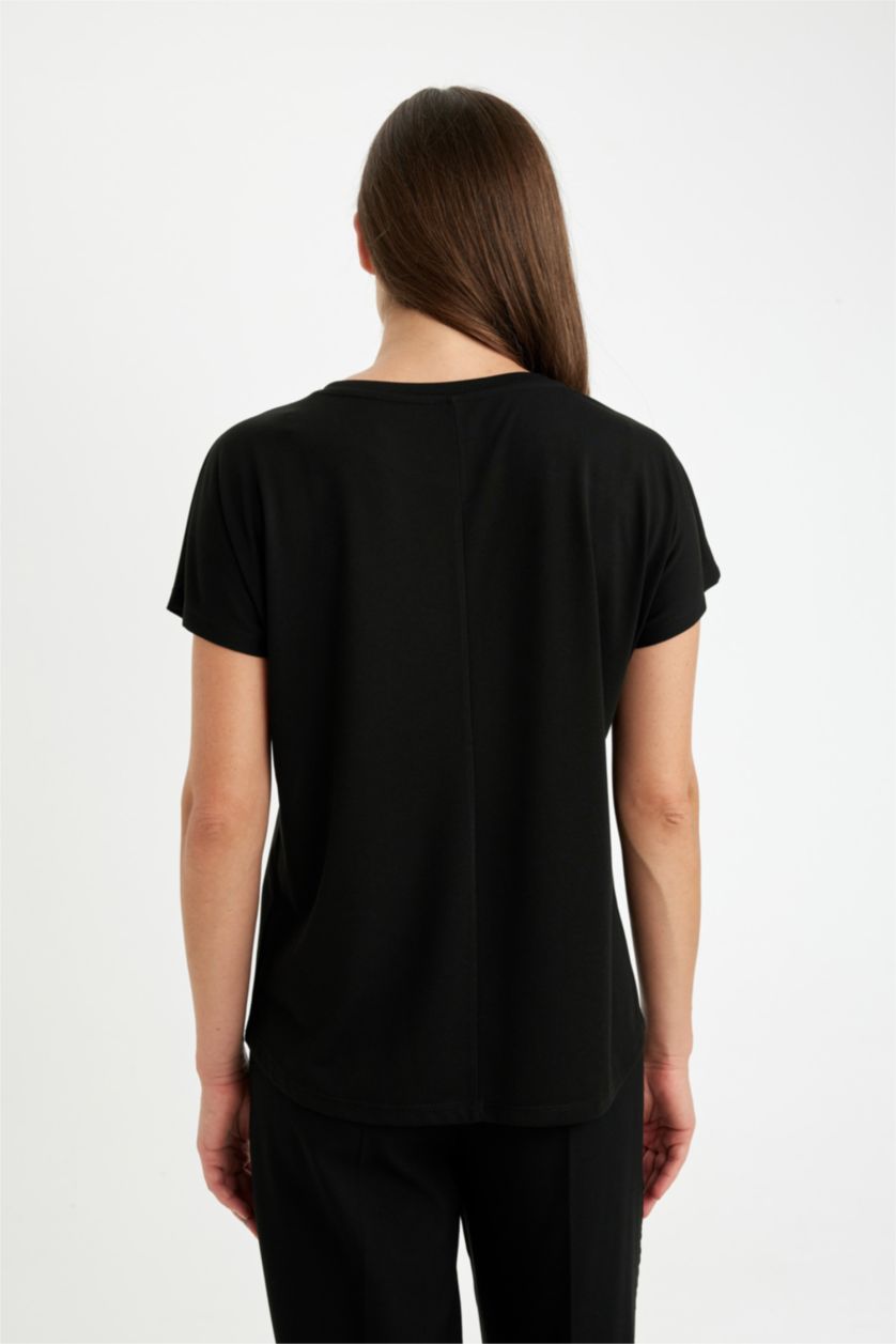 نساء أسود تيشيرت نص كم برقبة مستديرة وقصة عادية