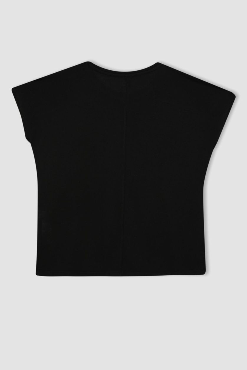 نساء أسود تيشيرت نص كم برقبة مستديرة وقصة عادية