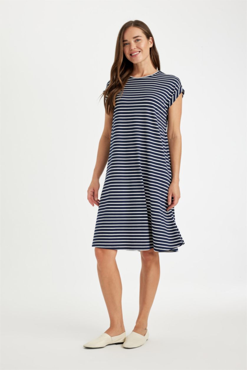 WOMAN NAVY A-Line Crew Neck Striped Midi Dress