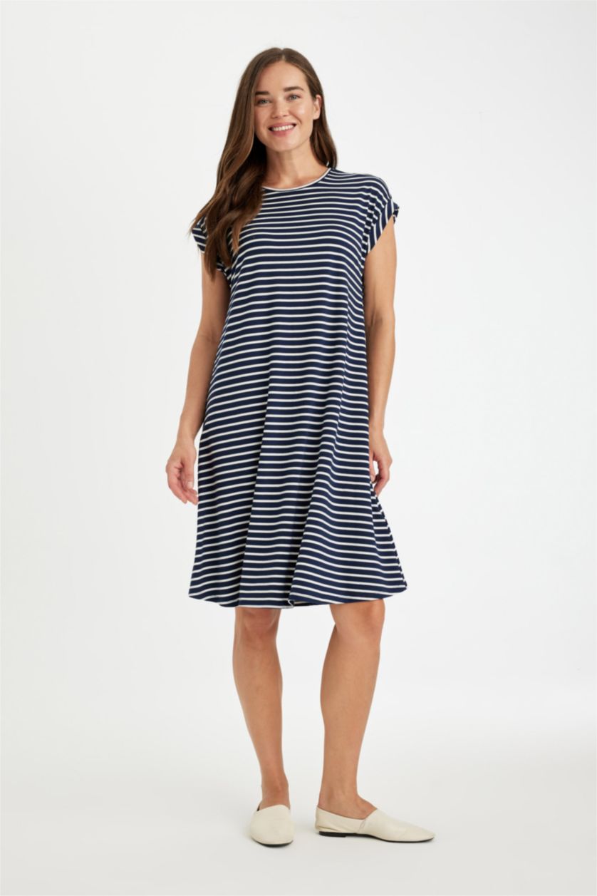 WOMAN NAVY A-Line Crew Neck Striped Midi Dress