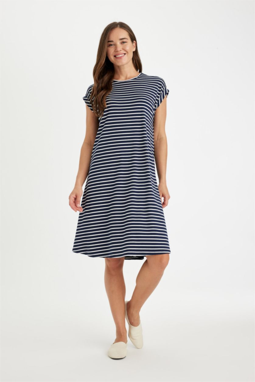 WOMAN NAVY A-Line Crew Neck Striped Midi Dress