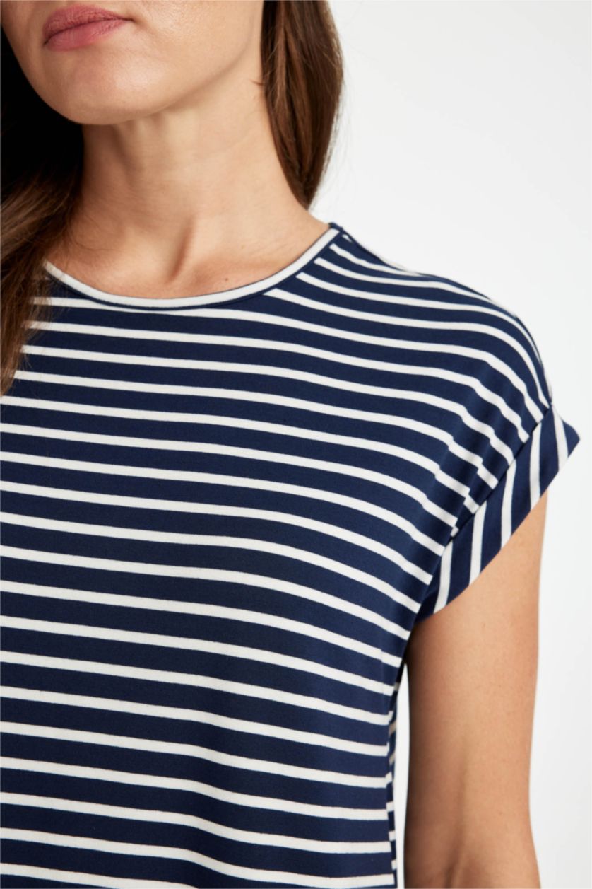 WOMAN NAVY A-Line Crew Neck Striped Midi Dress