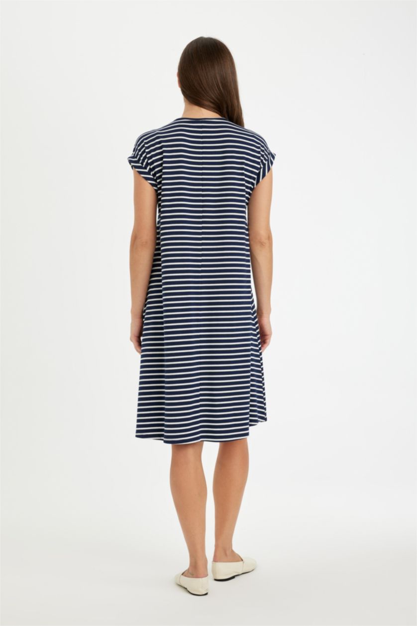 WOMAN NAVY A-Line Crew Neck Striped Midi Dress