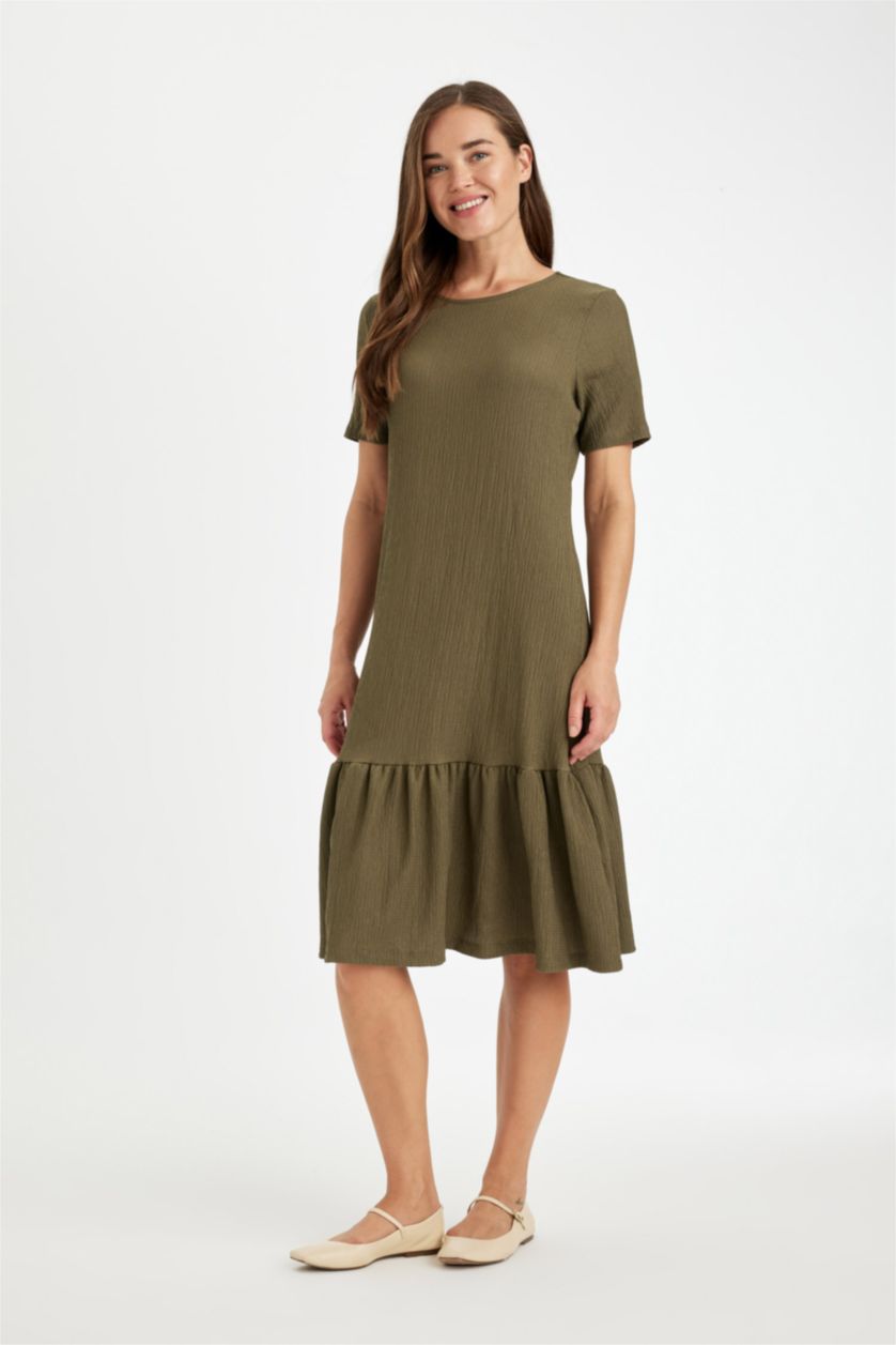 WOMAN Dark Khaki Flare Fit Crew Neck Crepe Midi Dress